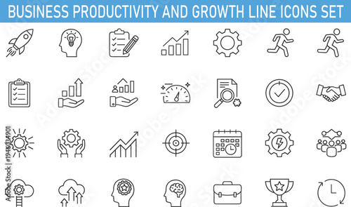 business productivity and growth line icons set, management strategy planning symbols, workflow performance success vector icons, corporate analytics and startup development outline collection