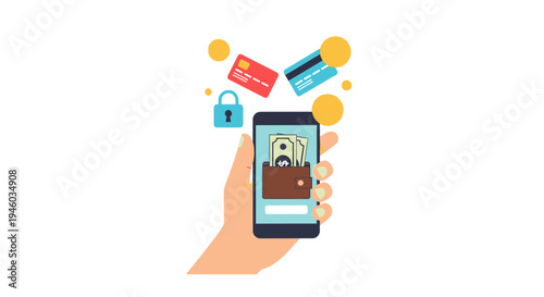 Mobile Payment Security: Hand holding smartphone with credit cards and wallet