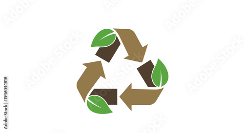 Recycling Symbol with Green Leaves and Brown Arrows on White Background