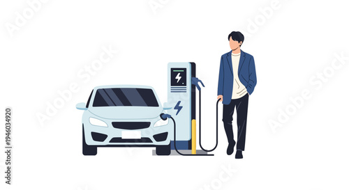 Man charging electric car at charging station, modern transport concept