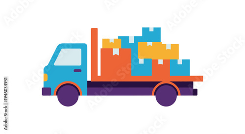 Flat design delivery truck carrying stacked colorful boxes, logistics icon