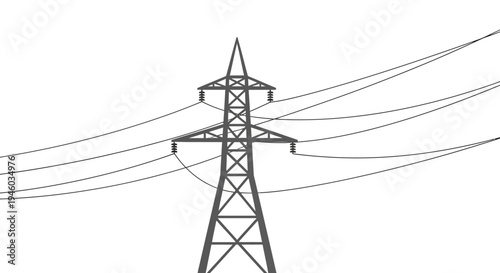 High Voltage Power Line Tower and Wires Against White Background
