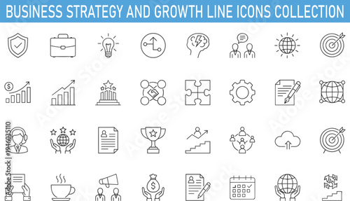 business strategy and growth line icons collection, corporate management productivity symbols, teamwork collaboration analytics vector outline set for startup success planning