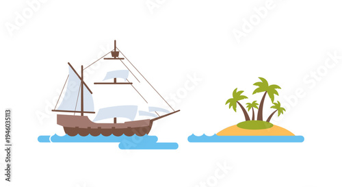 Sailing Ship Near Tropical Island Paradise