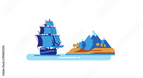 Sailing ship approaching a tropical island with mountains and trees