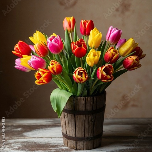 Colorful bouquet of tulips in wooden planter on rustic table  