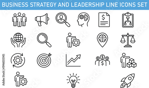 Business strategy and leadership line icons set with teamwork analytics target growth innovation management finance workflow vector illustration for corporate startup marketing design