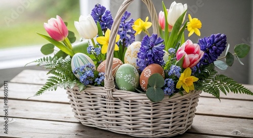 Easter basket filled with colorful eggs and spring flowers  