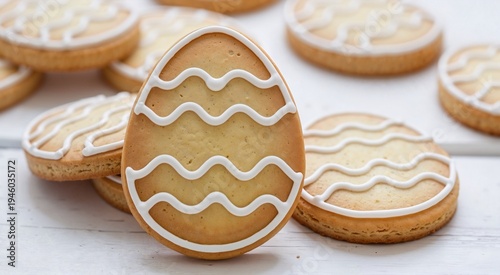 Easter egg cookies decorated with icing on a wooden surface  