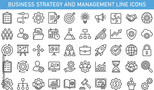 Business strategy and management line icons set including teamwork, leadership, project planning, target goal, growth chart, analytics, workflow, productivity and corporate development concept