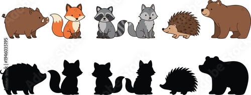 Cute forest animals cartoon and silhouette collection including boar, fox, raccoon, wolf, hedgehog and bear isolated on white background for kids design