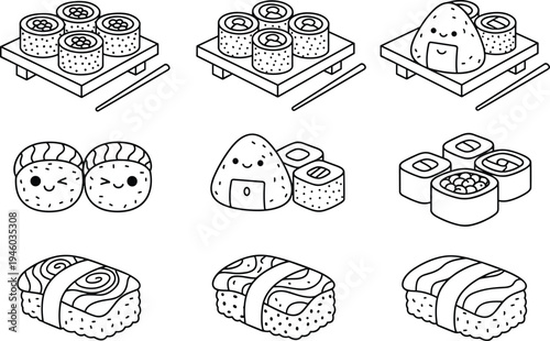 Cute sushi and Japanese food icon set featuring rolls, nigiri, onigiri rice ball and chopsticks in kawaii cartoon style isolated on white background