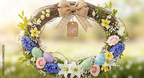 Easter wreath with colorful flowers and decorative eggs outdoors  