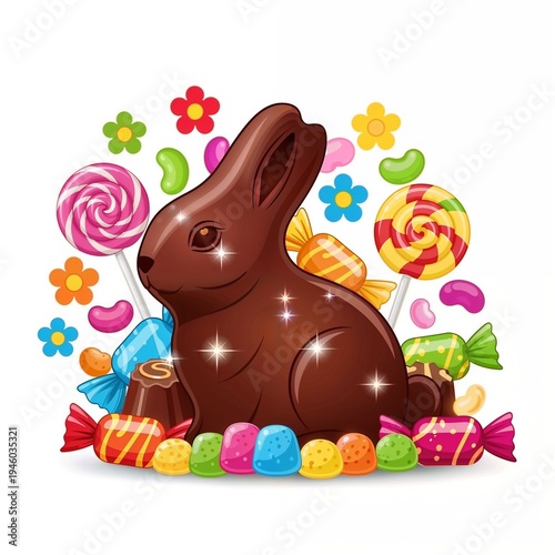 Chocolate bunny surrounded by colorful candies and flowers  