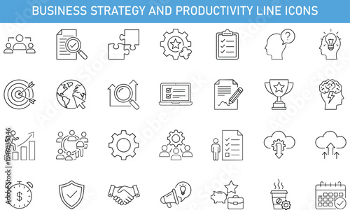 Business strategy and productivity line icons set with teamwork analytics target innovation growth leadership minimalist outline vector collection for corporate infographic design