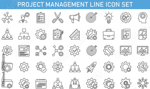 Business strategy and project management line icon set, startup growth, teamwork, target, gear, workflow, planning, productivity outline vector collection isolated