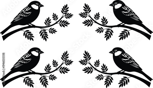Bird sitting on branch silhouette vector set, nature wildlife bird illustration, perched songbird clipart, black bird branch design collection