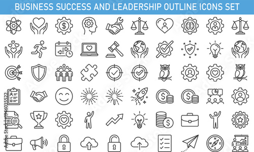 business success and leadership outline icons set, teamwork strategy motivation achievement finance management vector icons collection for corporate development and growth