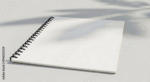 A blank spiral bound notebook on a white surface with shadows.