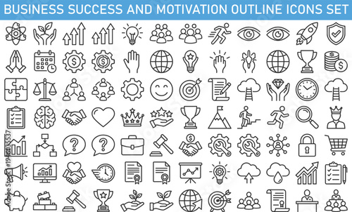 business success and motivation outline icons set, leadership growth teamwork achievement strategy productivity vector icons collection for corporate management startup and success concepts