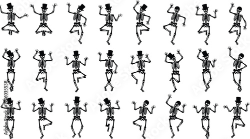 Dancing skeleton silhouettes collection with funny Halloween poses wearing top hats, spooky bone characters isolated on white background for party design