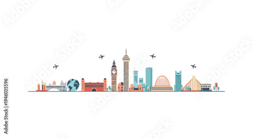 Colorful city skyline featuring iconic global landmarks with airplanes