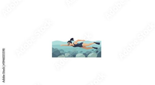 Minimalist female diver exploring underwater ocean scene
