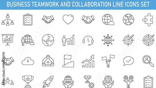 business teamwork and collaboration line icons set, leadership partnership communication strategy target growth support global network startup success vector outline collection