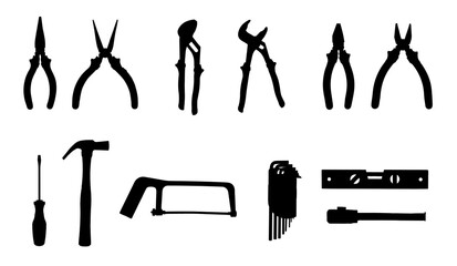 Black silhouettes of various construction hand tools on white background