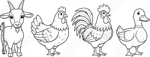Cute farm animal vector set featuring a goat, hen, rooster, and duck in black and white line art for coloring.