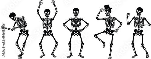 Funny dancing skeleton character silhouettes set with different poses including jumping, waving and tipping hat isolated on white background for Halloween design