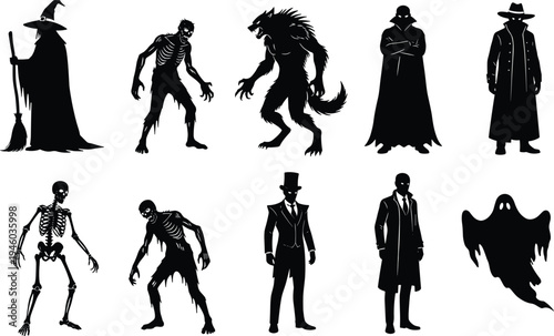 Halloween horror character silhouettes set with witch, zombie, werewolf, skeleton, ghost and mysterious figures isolated on white background for spooky design