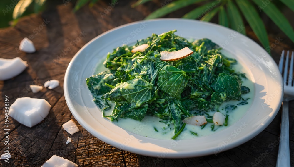 Fototapeta premium Healthy creamy spinach dish with coconut milk and slivered almonds served on a white plate outdoors