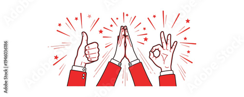 Three hands gesturing with excitement and celebration