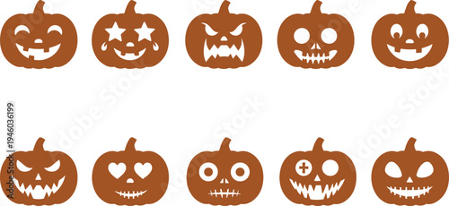 Halloween pumpkin face icon collection with cute and scary jack o lantern expressions spooky autumn holiday decoration vector set isolated