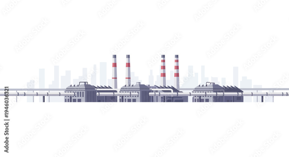 Fototapeta premium Industrial power plant scene with smokestacks in modern flat design