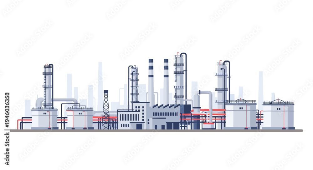 Obraz premium Industrial plant with cooling towers and chimneys in flat design