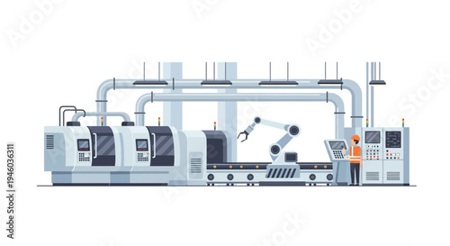 Futuristic factory automation with robotic arm and operator in modern