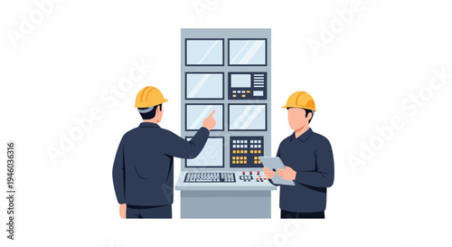 Engineers working on industrial control panel in a flat design