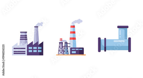 Industrial factory and pipeline icons with modern flat design