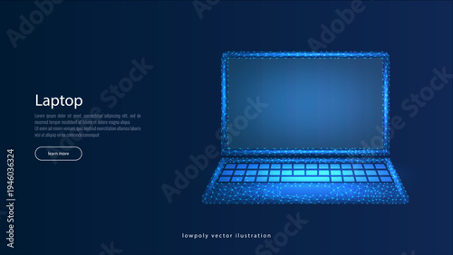 lowpoly laptop Sleek low poly laptop glowing in blue with a hightech digital background, representing modern technological advancements and futuristic design concept
