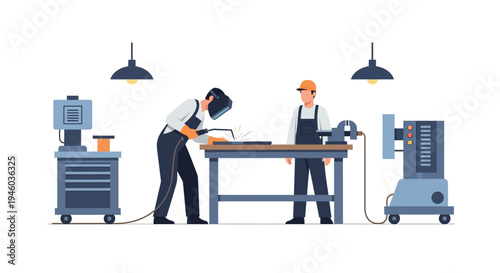 Flat design industrial workshop scene with workers and machinery