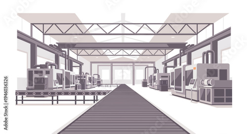 Modern factory interior with industrial equipment and conveyor belts