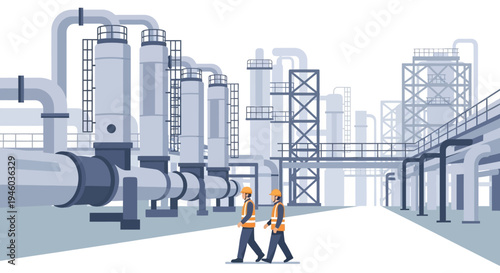 Industrial complex with workers in safety gear: modern factory