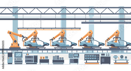 Automated car manufacturing with robotic assembly line in modern