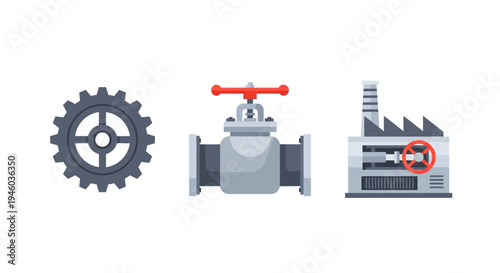 Industrial icon set: gear valve and factory in flat design