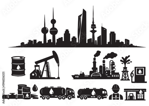 Oil and Gas Industry Vector Icon Set with City Skyline Silhouette, Featuring Petroleum Production, Transport, and Refinery Elements for Commercial Use