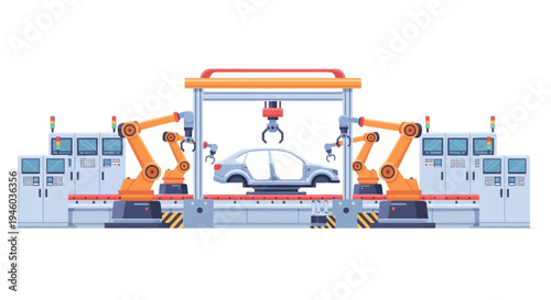 Automated production line with robotic arms and car frame in modern