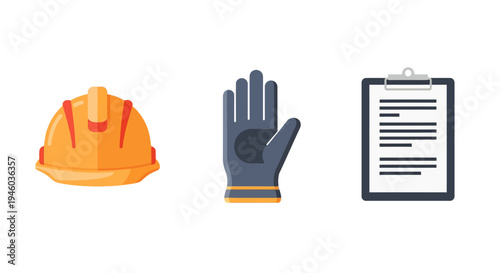 Safety gear icons: helmet glove and clipboard in flat style