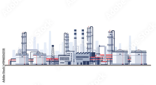 Industrial plant with cooling towers and chimneys in flat design